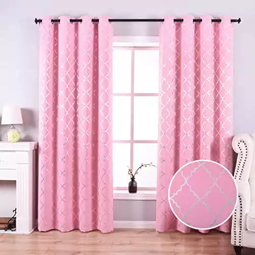 Pink Blackout Curtains for Girls Nursery with Silver Moroccan Tile Pattern