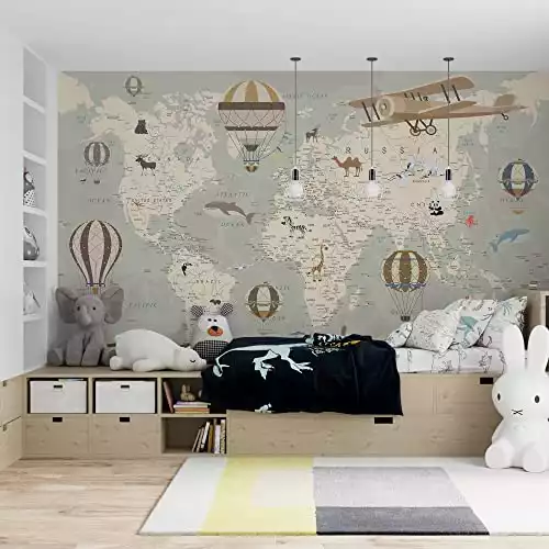 World Map with Animals Nursery Wallpaper Mural