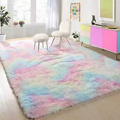 Fluffy Soft Pink Rainbow Area Rug 8x10